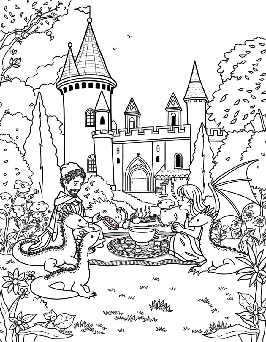 A royal family having a picnic in the castle gardens with their pet dragons