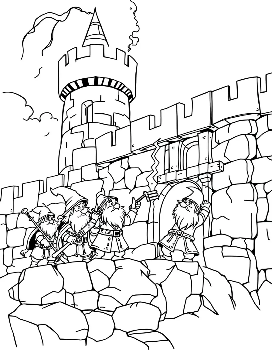 A team of dwarves building and repairing the castle walls with magical tools