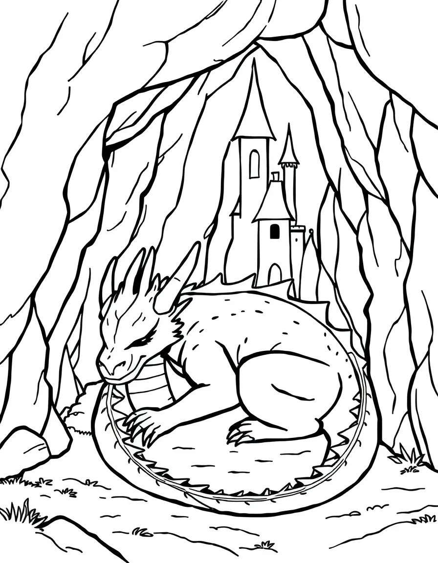 A peaceful dragon curled up asleep in its cave beneath the castle