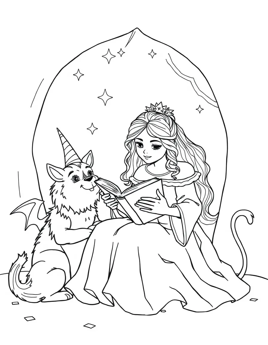 A princess reading a book of spells while her magical animal companions listen attentively