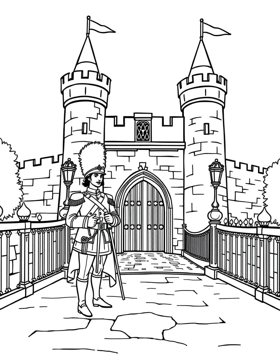 Castle guards with elaborate uniforms standing at attention by the drawbridge