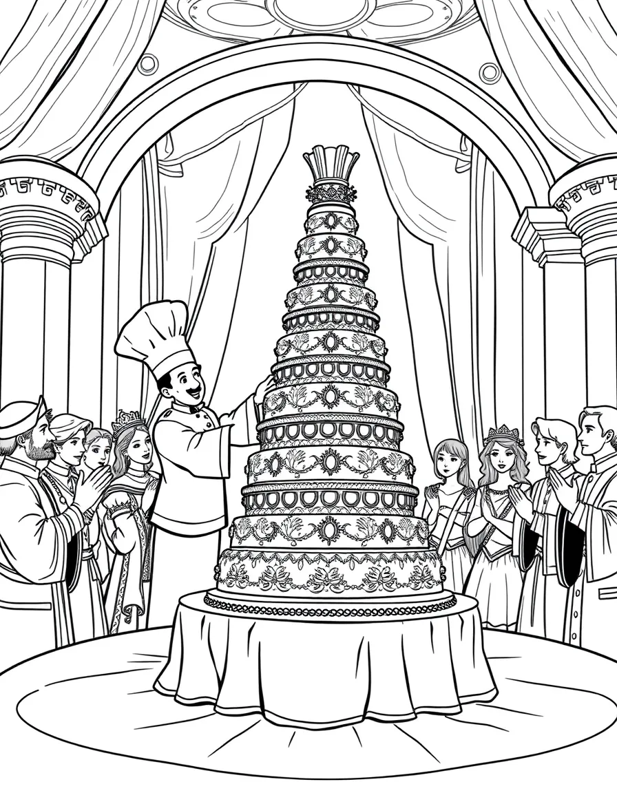 A royal chef presenting a magnificent multi-tiered cake to applauding courtiers