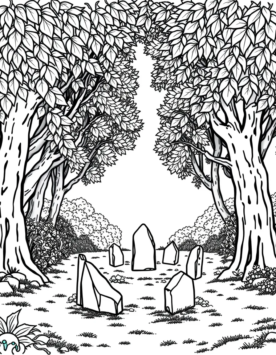 A magical clearing where moonlight filters through a canopy of leaves, illuminating a circle of standing stones