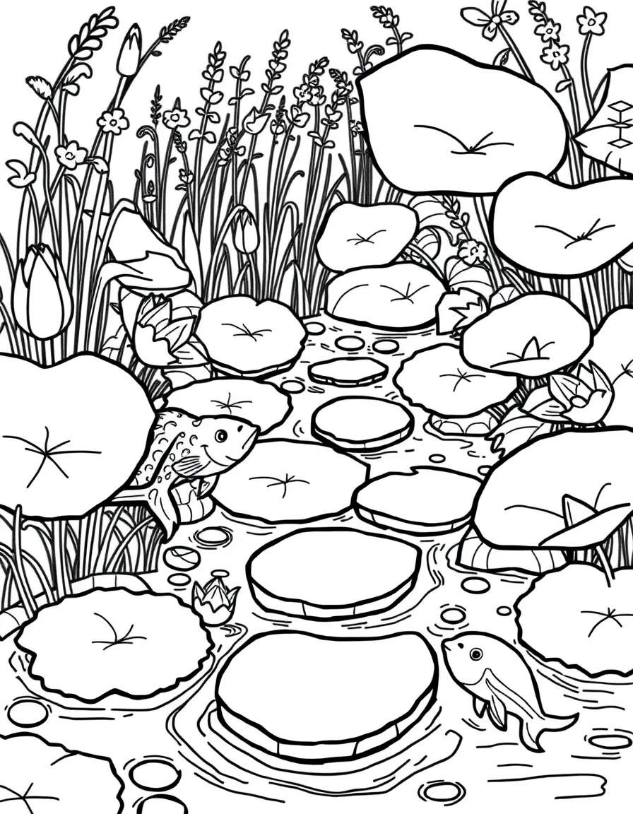 A bubbling brook with stepping stones made of giant lily pads and talking fish