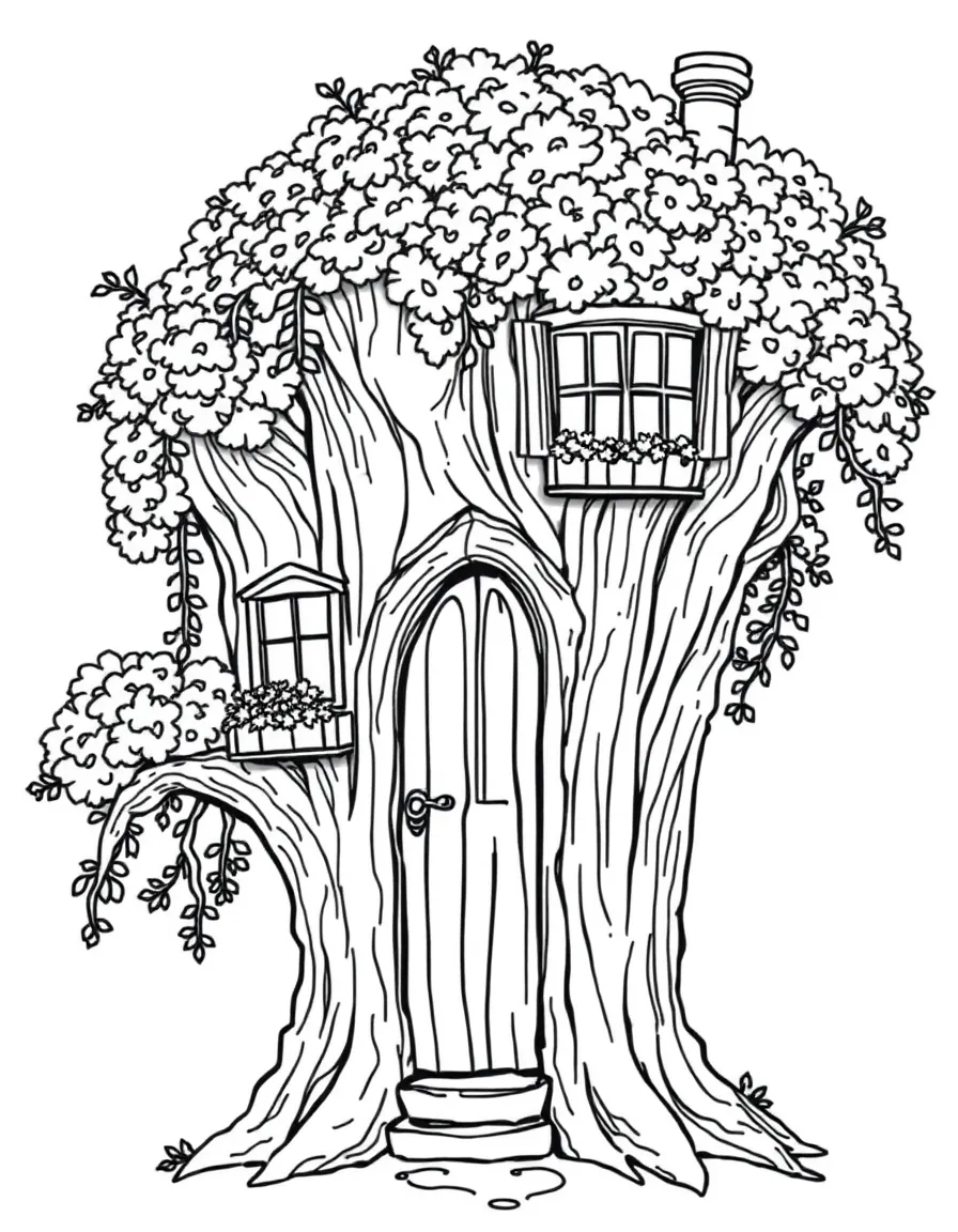 An ancient tree with a door in its trunk, windows with flower box planters, and a chimney