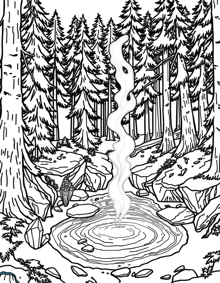 A forest hot spring with steaming water and crystals growing around its edges