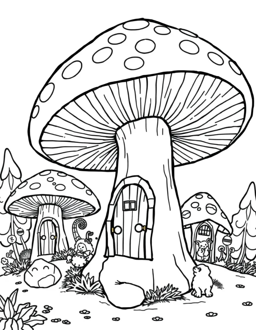 Giant mushrooms with doors and windows serving as homes for tiny forest creatures