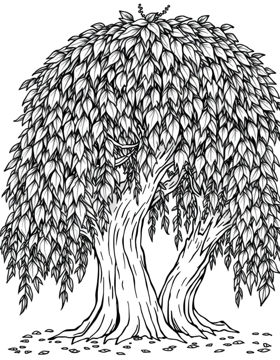 A willow tree with curtains of leaves hiding a secret meeting place for forest fairies