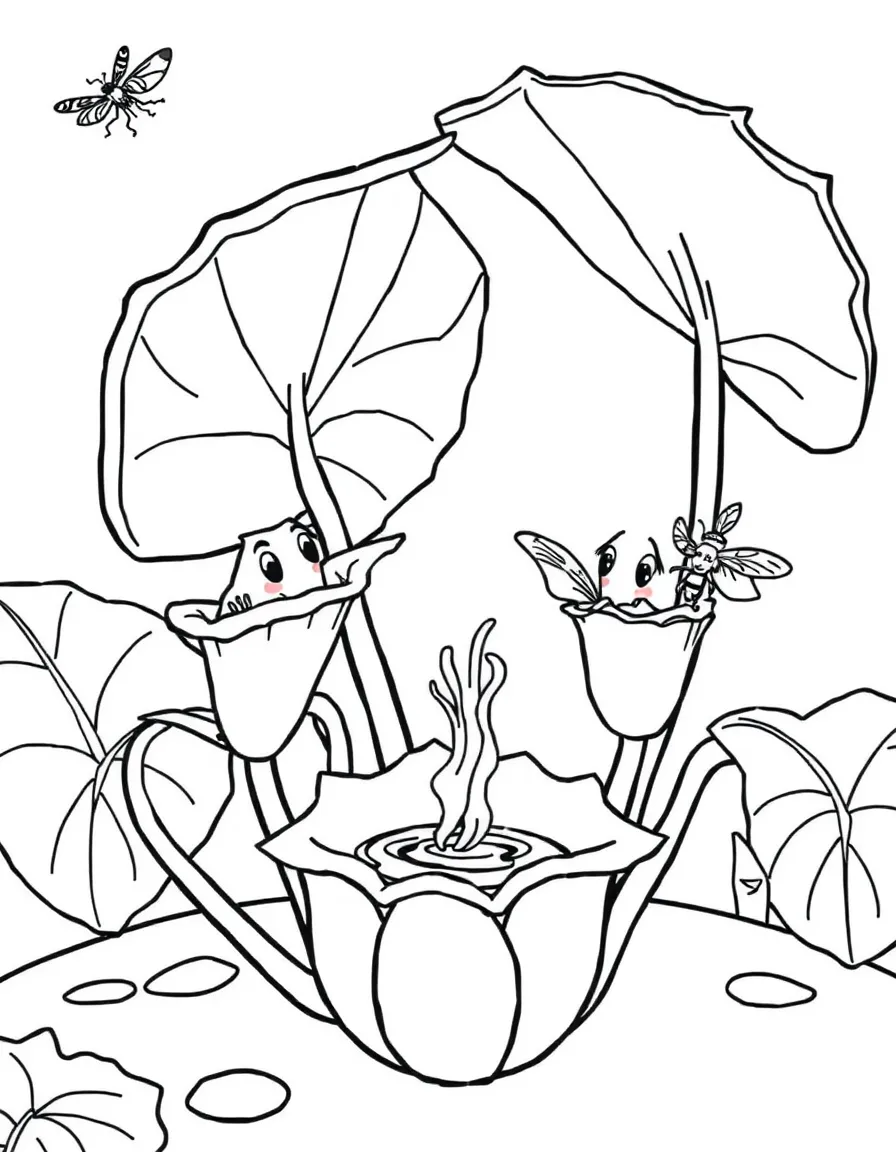 Carnivorous plants with gentle expressions, offering tea to passing insects instead of eating them
