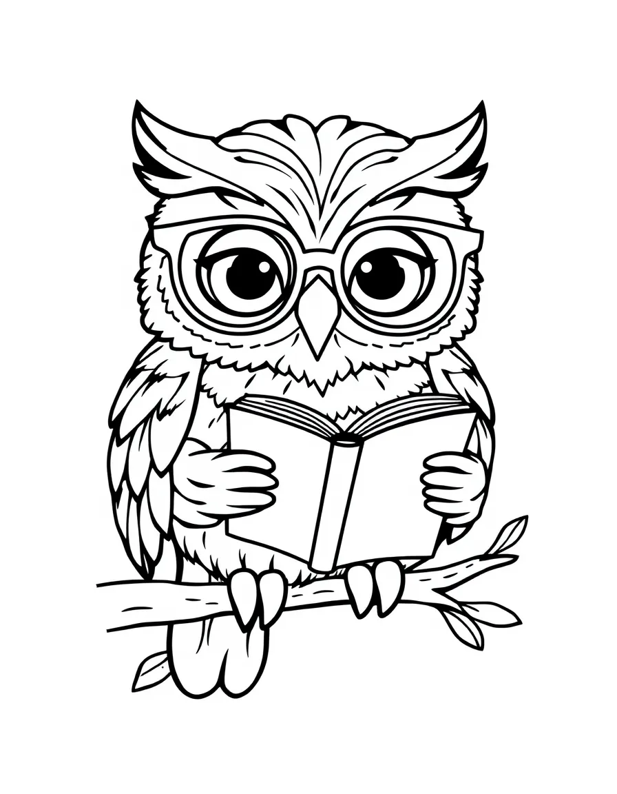 A wise owl wearing spectacles and reading a tiny book perched on a branch