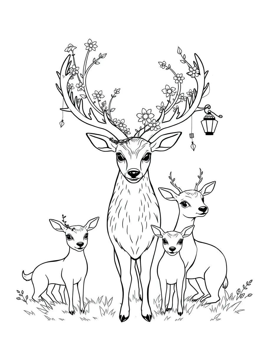 A family of deer with antlers that grow flowering vines and tiny lanterns