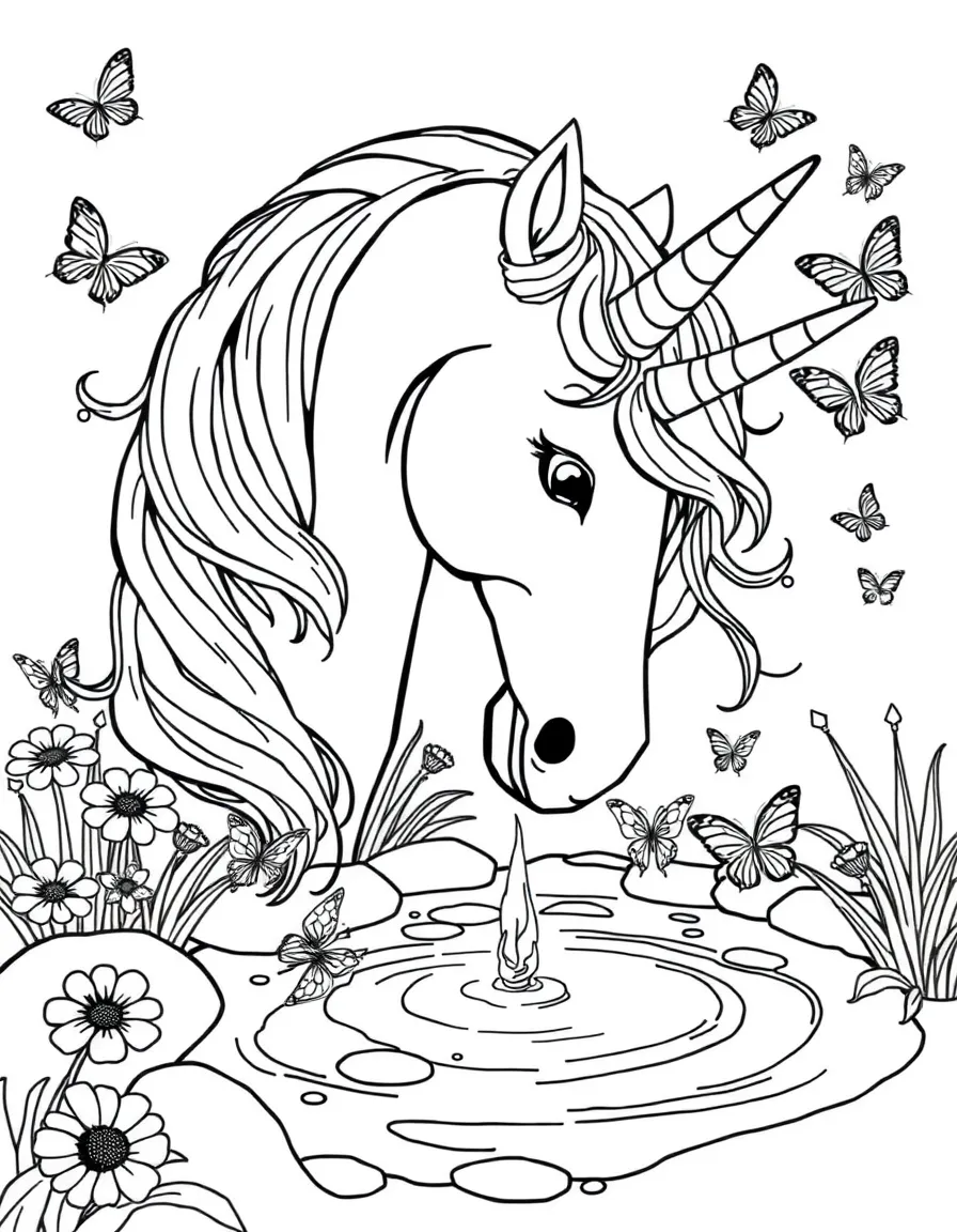 A majestic unicorn drinking from a crystal-clear spring surrounded by butterflies