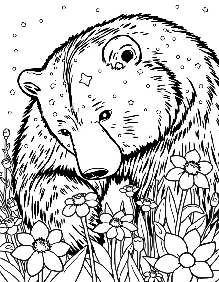 A bear with star constellations visible in its fur caring for honey-producing flowers