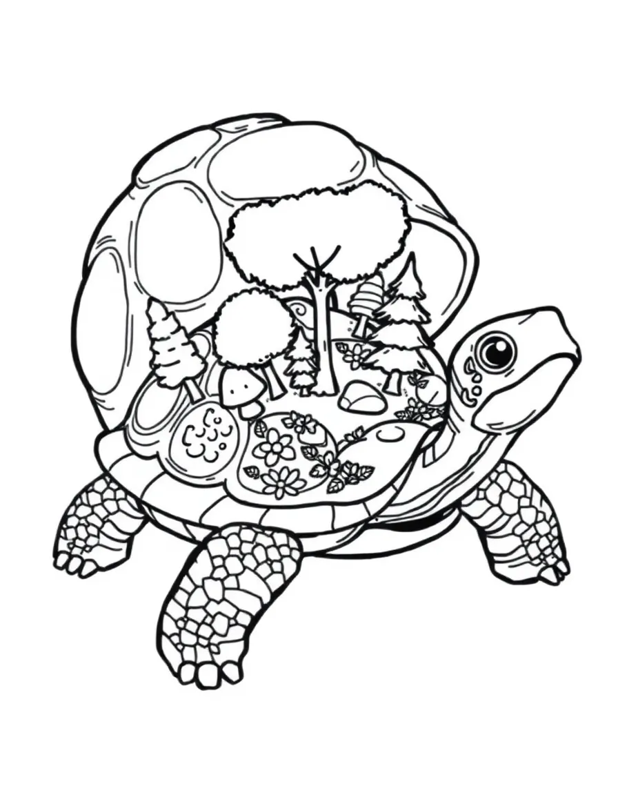 A turtle with a shell that resembles a miniature garden complete with tiny trees