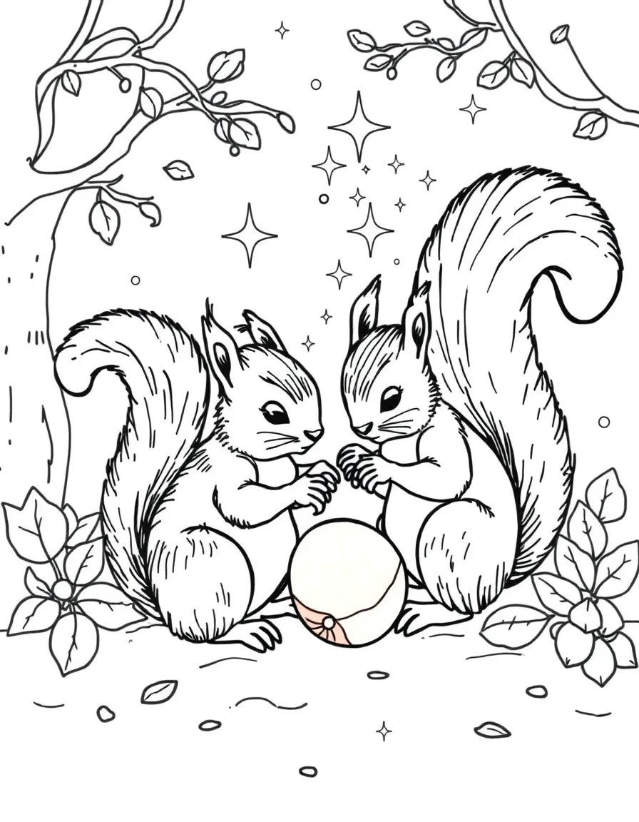 Squirrels collecting magical acorns that sparkle and change colors with the seasons