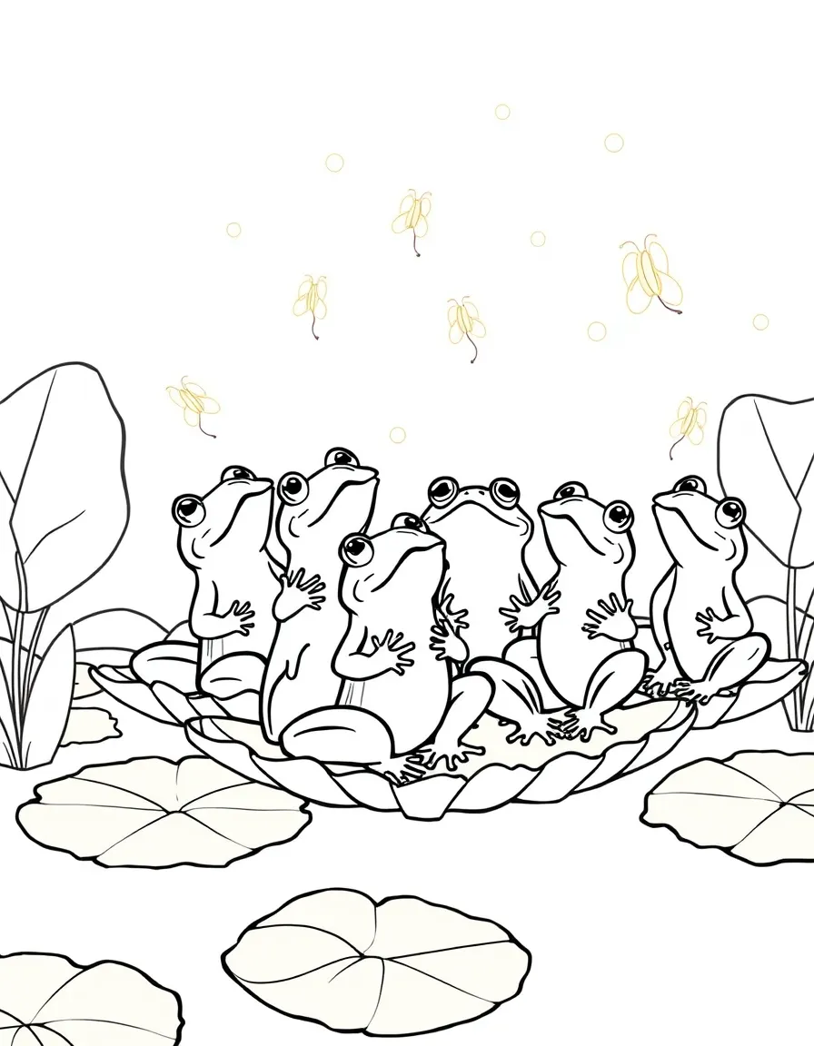 A frog choir sitting on lily pads, singing in harmony as fireflies provide the lighting