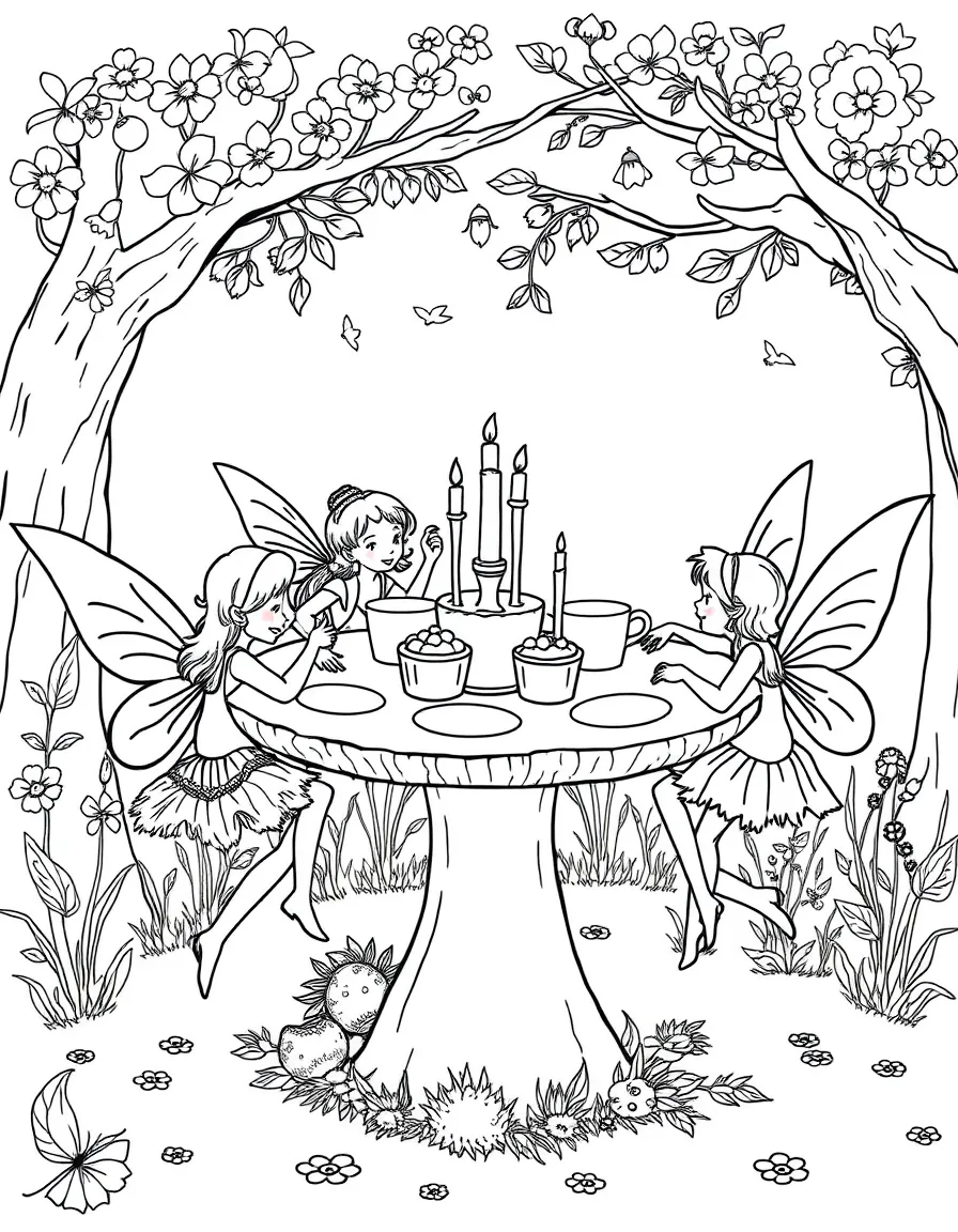 A circle of fairies dancing around a toadstool table laden with acorn cups and berry sweets
