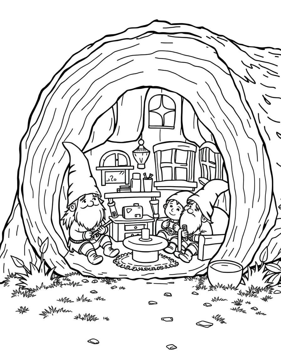 A family of gnomes building a home inside a hollow log with tiny furniture and windows