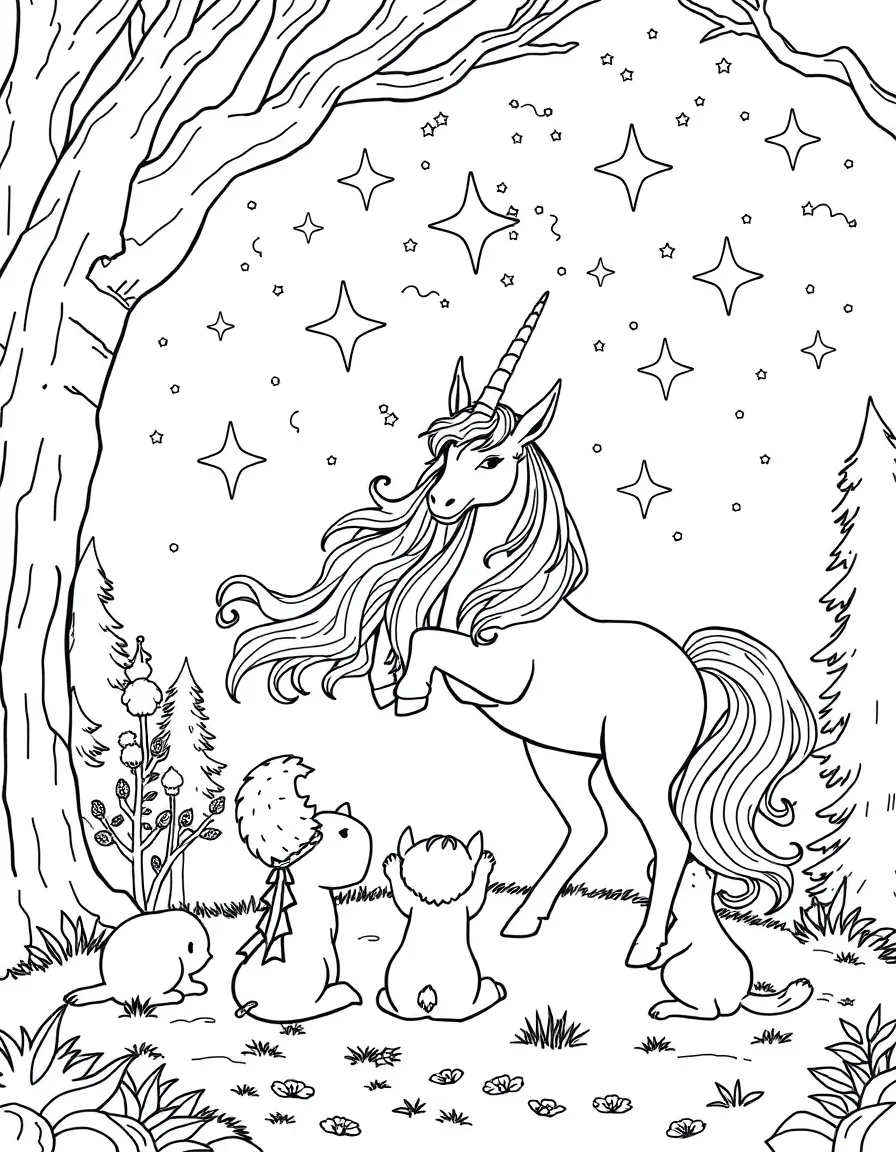 A majestic centaur teaching young forest creatures how to read the stars