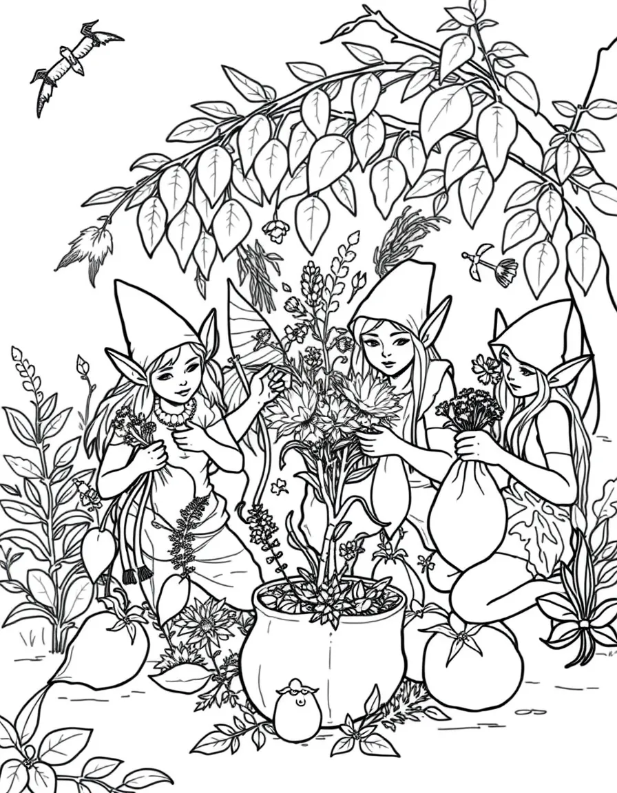 A group of elves harvesting medicinal herbs and storing them in leaf pouches