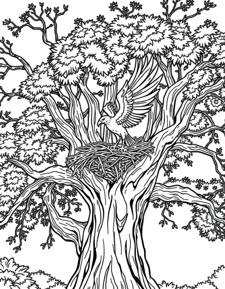 A phoenix nesting in the highest branches of the oldest tree in the forest