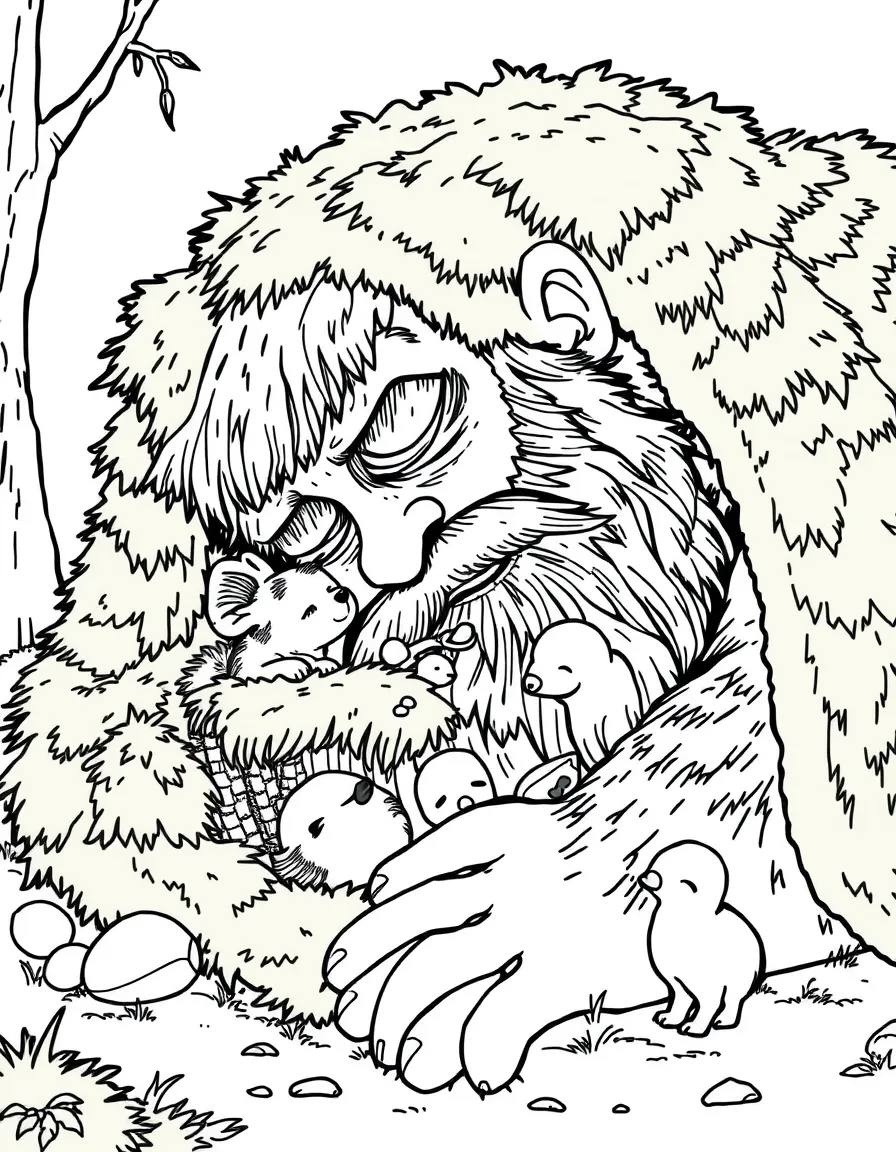 A gentle giant sleeping under a blanket of moss with forest animals nestled in his beard