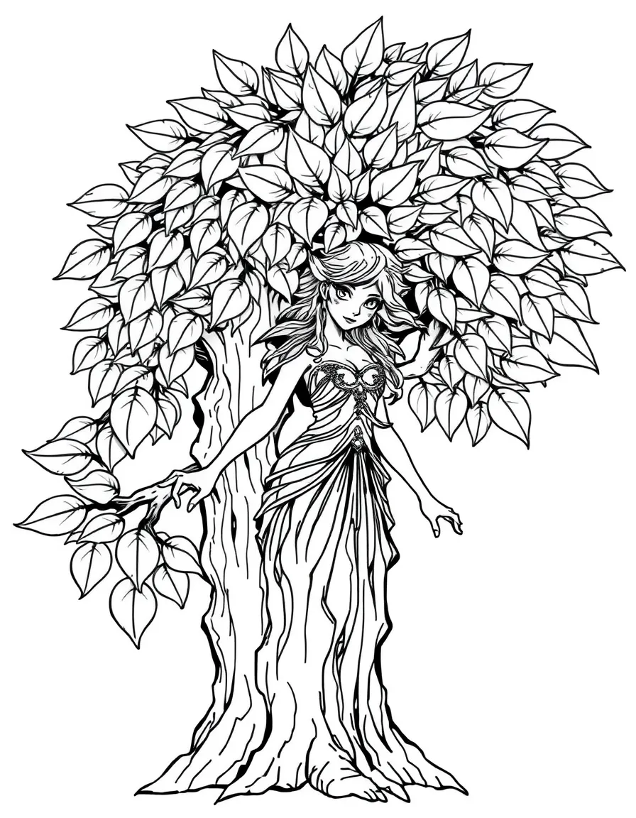 A dryad emerging from her tree, her hair made of leaves and bark forming her dress