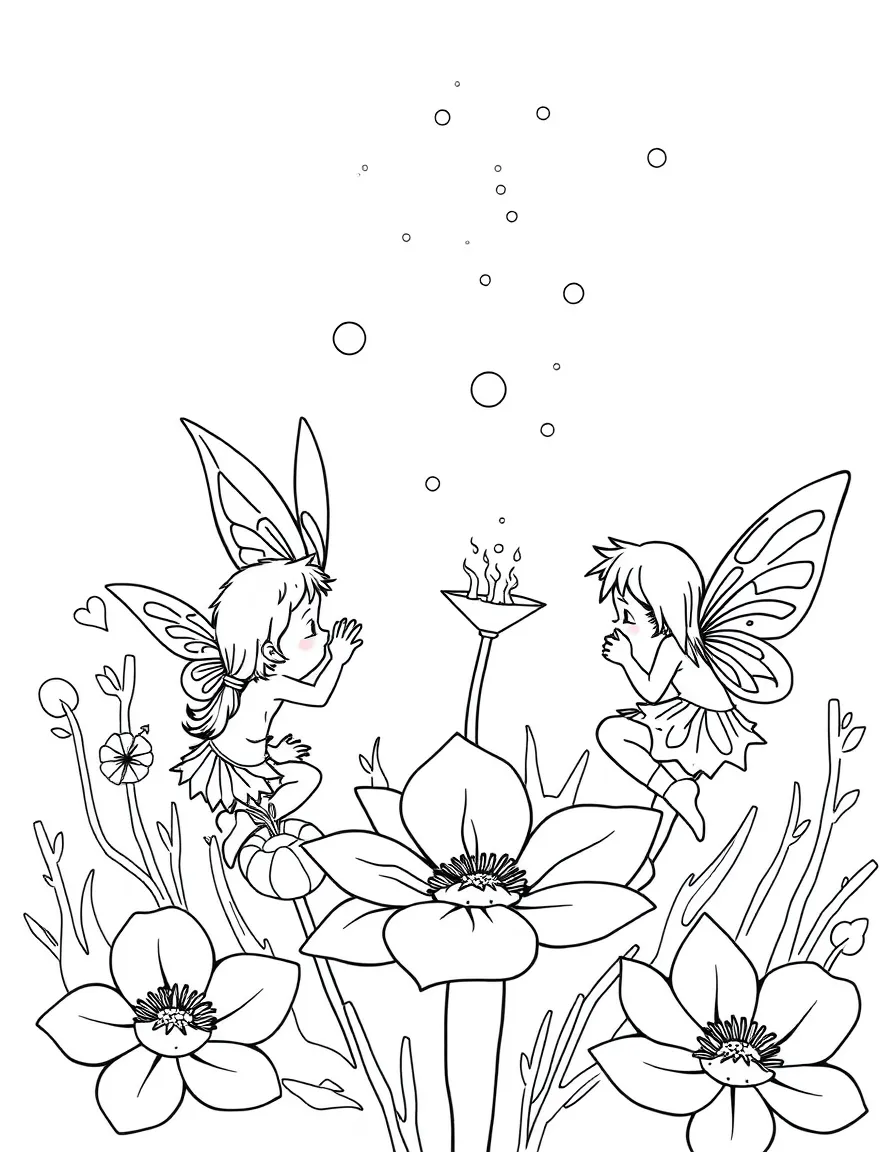 A group of pixies painting morning dew on flower petals and spider webs