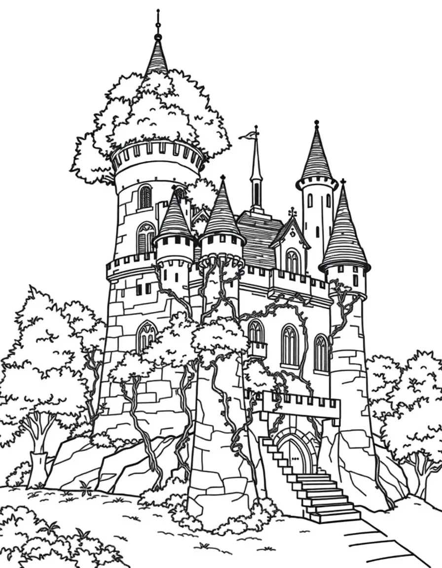 A castle with trees and vines growing from its towers, blending architecture with nature