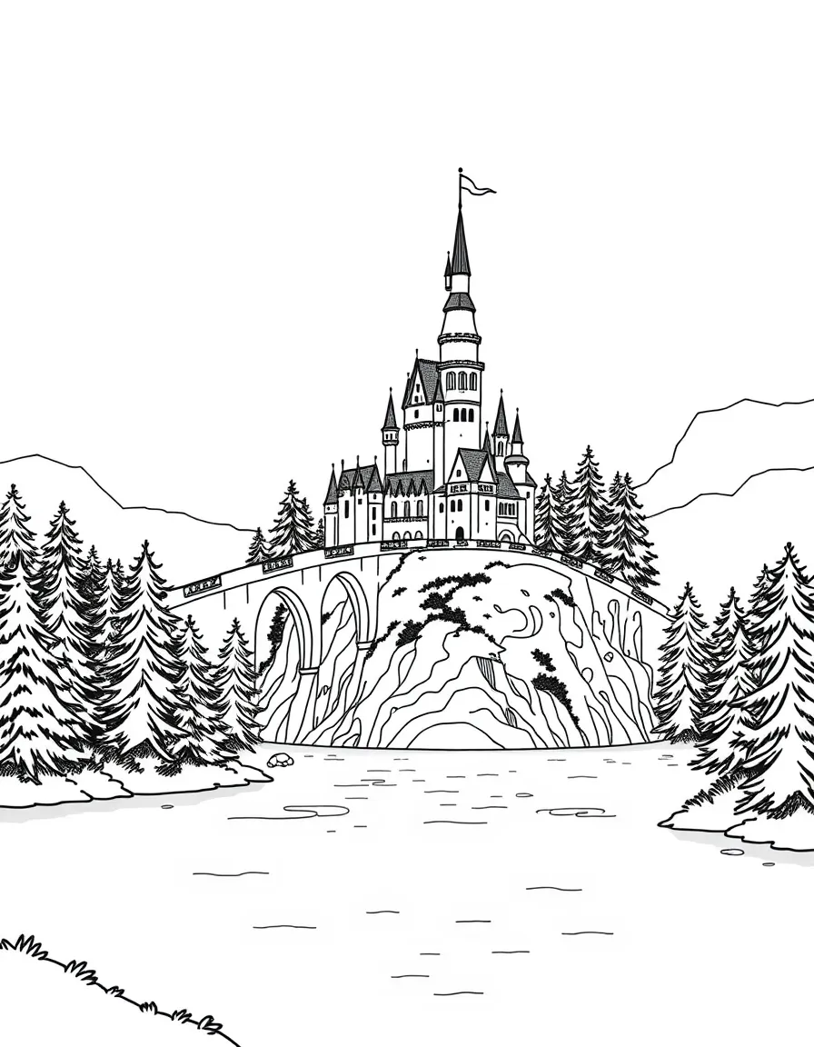 An enchanted bridge connecting a castle to a forest island in the middle of a misty lake