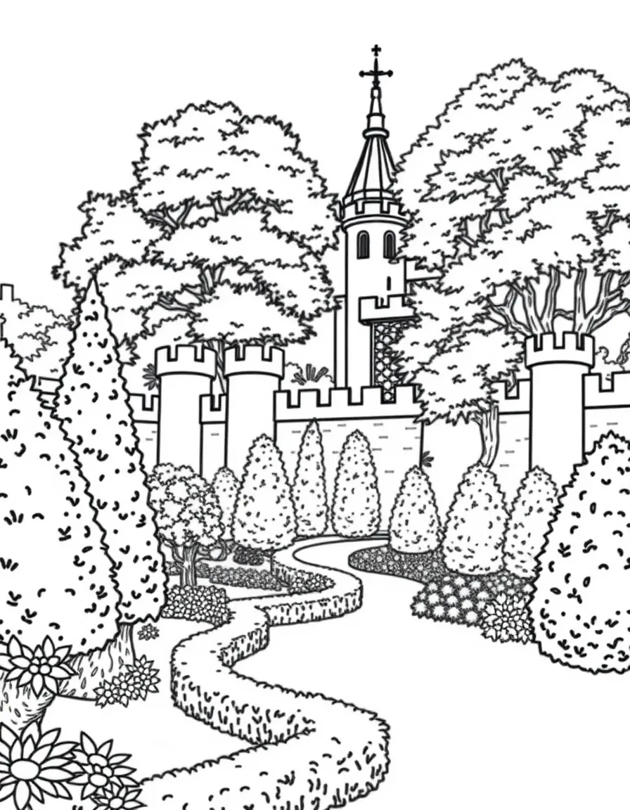 A royal garden where castle walls gradually transform into living trees and hedges