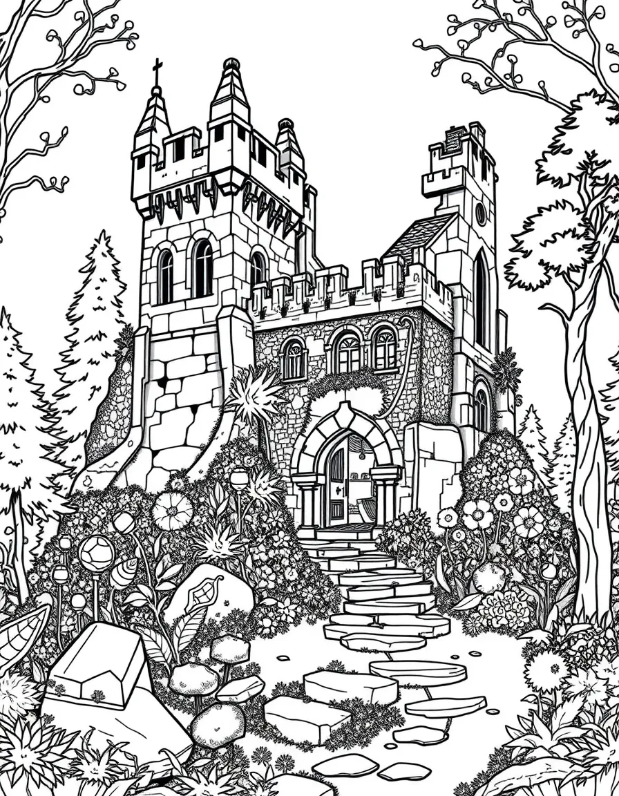 Castle ruins being reclaimed by the enchanted forest with magical plants growing through stone