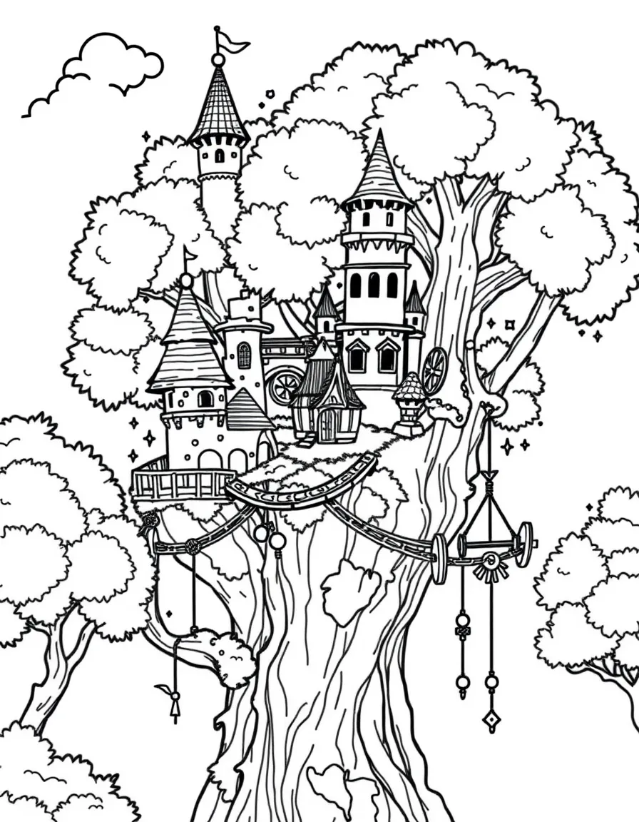 A treetop village connected to castle towers by rope bridges and pulley systems