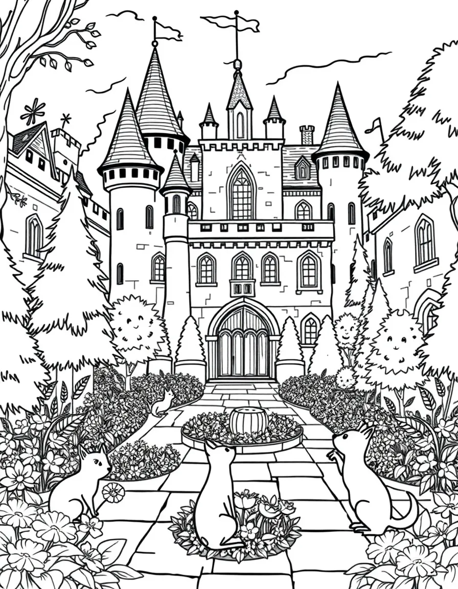 A castle courtyard where forest animals and royal pets play together among flower beds