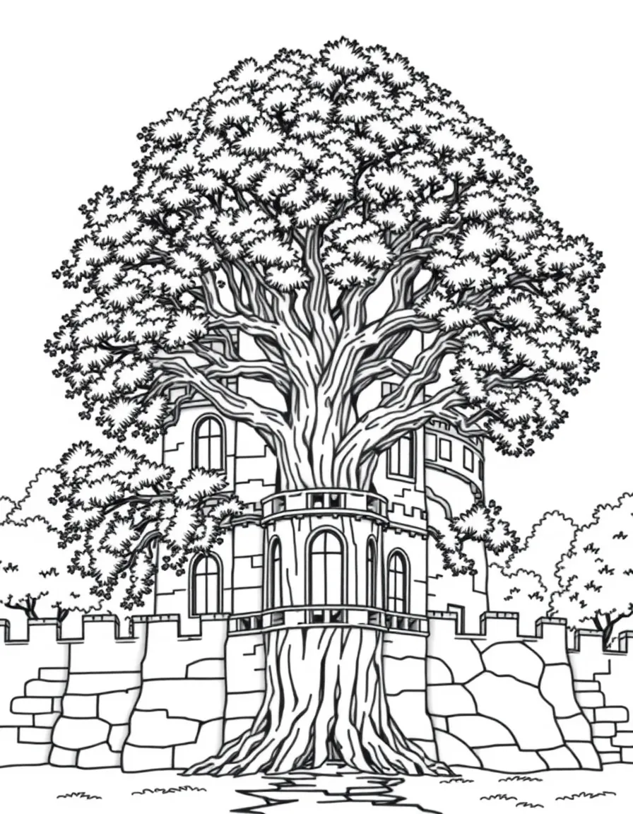 A grand tree growing in the center of a castle, its branches extending through windows and over walls