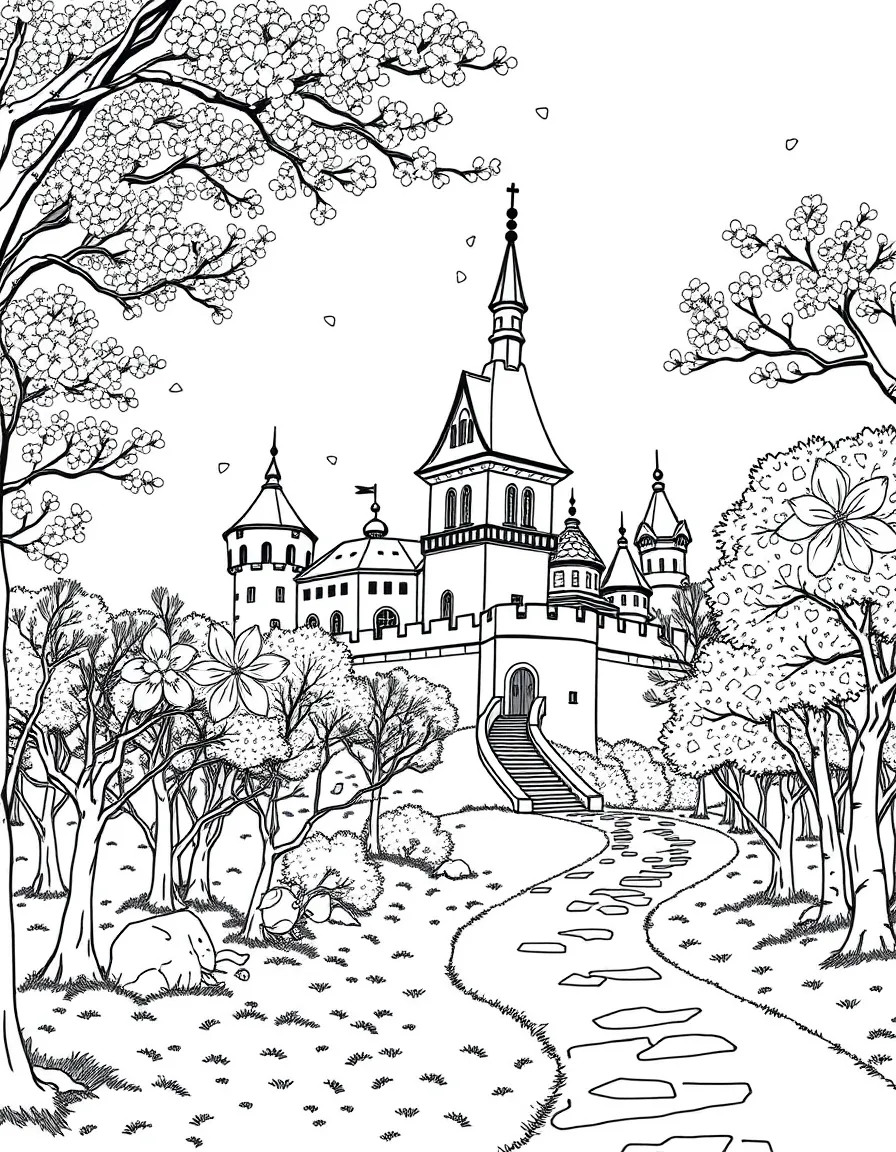 A spring scene with cherry blossoms falling on castle turrets and forest paths
