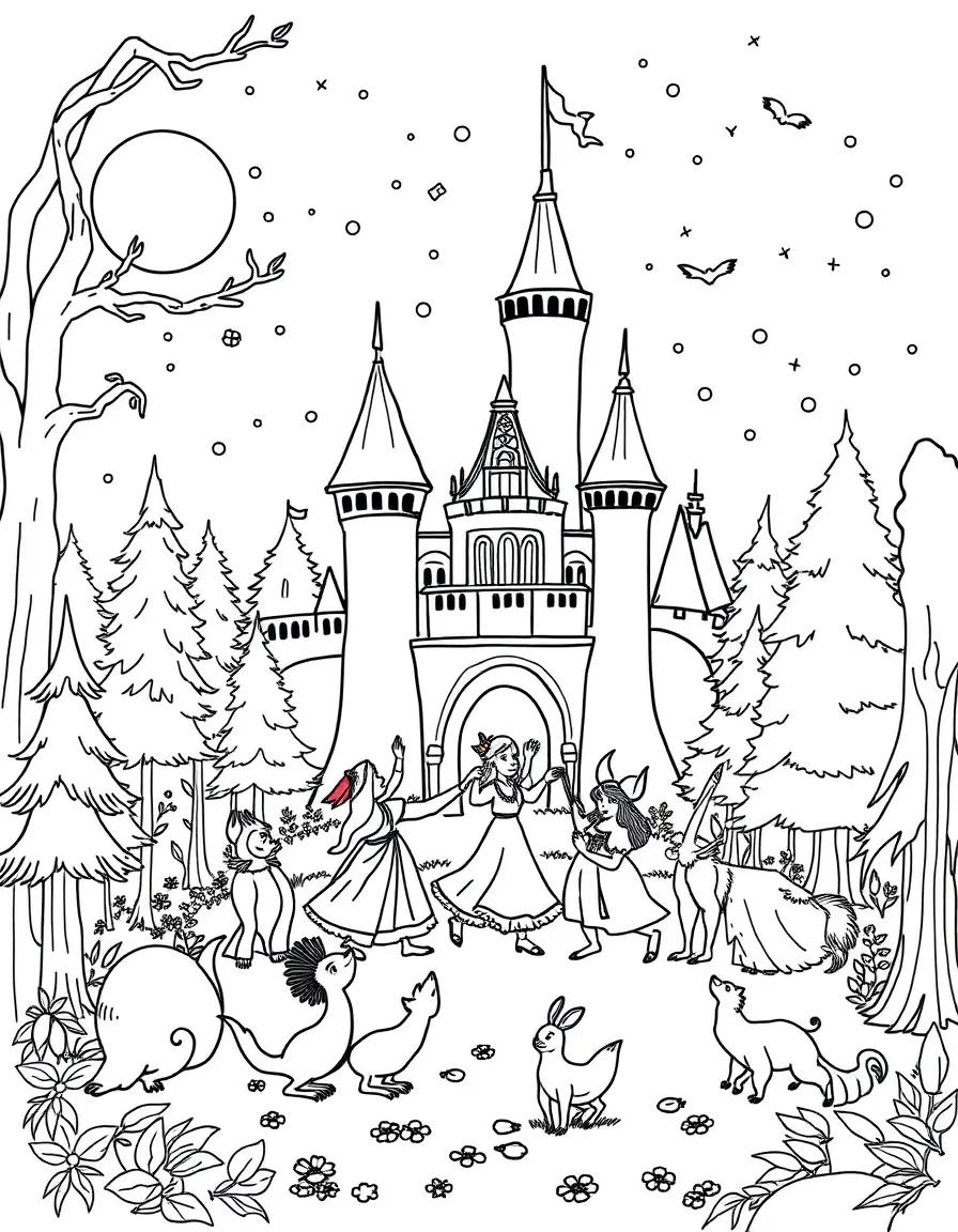 A summer solstice celebration with castle residents and forest creatures dancing together