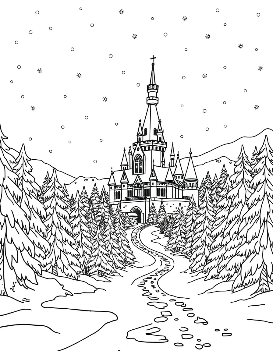 A winter wonderland with the castle and forest blanketed in snow and decorated with ice crystals