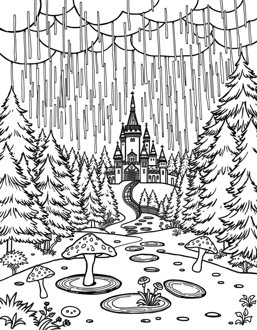 A castle and forest during a magical rainstorm with rainbow puddles and mushrooms sprouting instantly