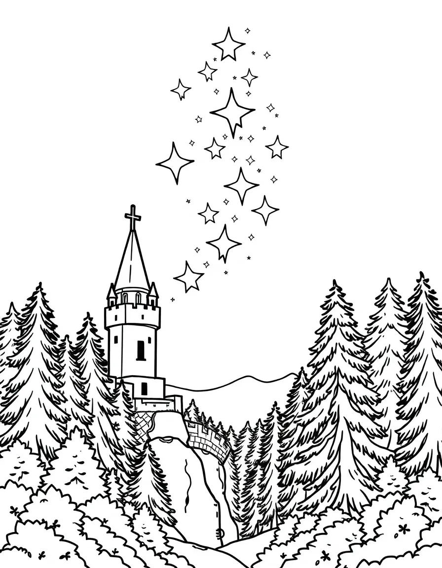 A midnight scene with stars forming a bridge between the highest castle tower and tallest forest tree