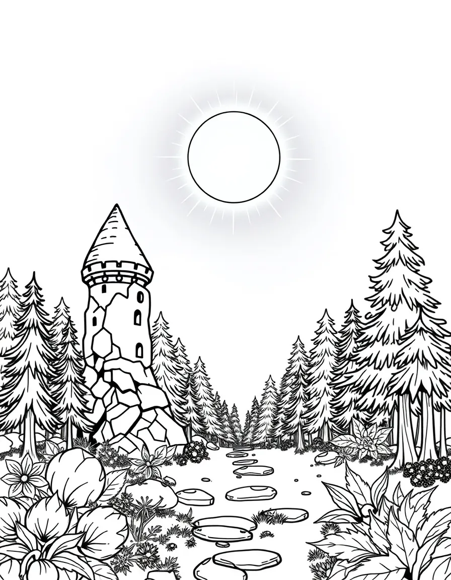 A magical eclipse causing both castle stones and forest plants to glow with inner light