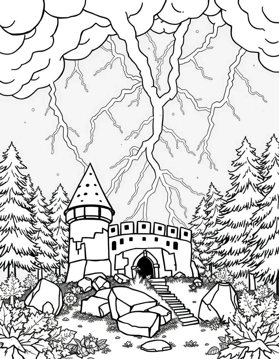 A lightning storm with magical bolts that transform castle stones and forest leaves into crystal