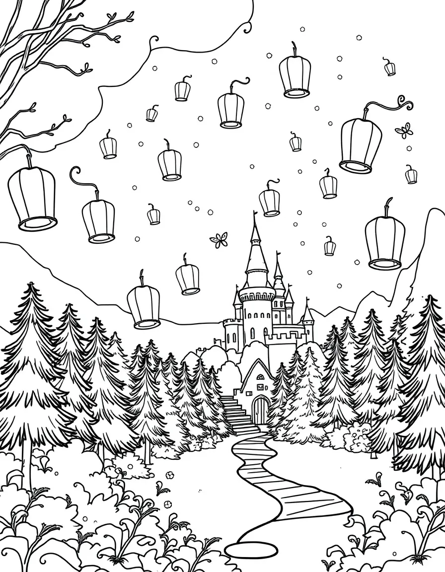 Floating lanterns released from the castle that transform into fireflies when reaching the forest