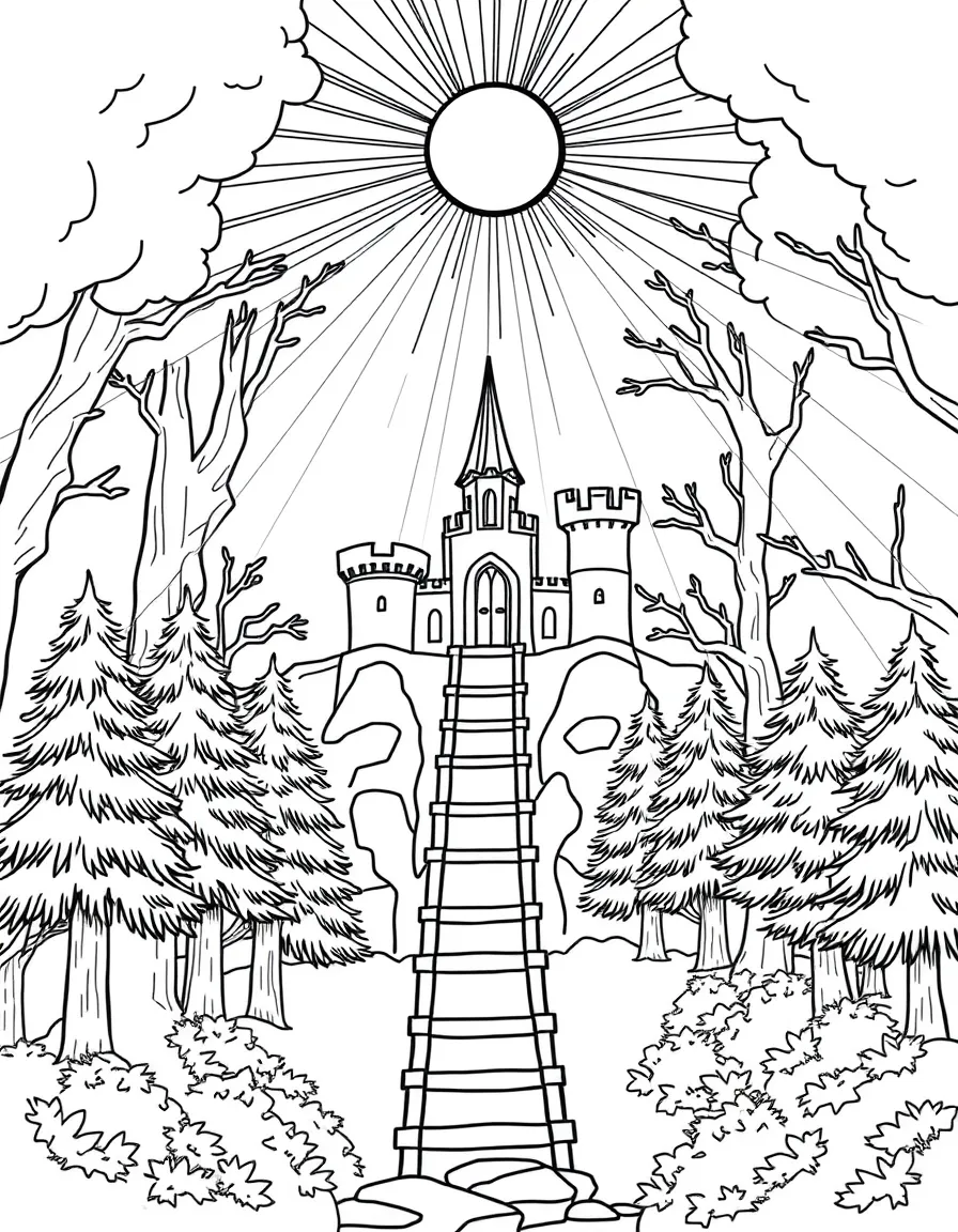 Sunbeams that solidify into golden ladders connecting castle windows to forest branches