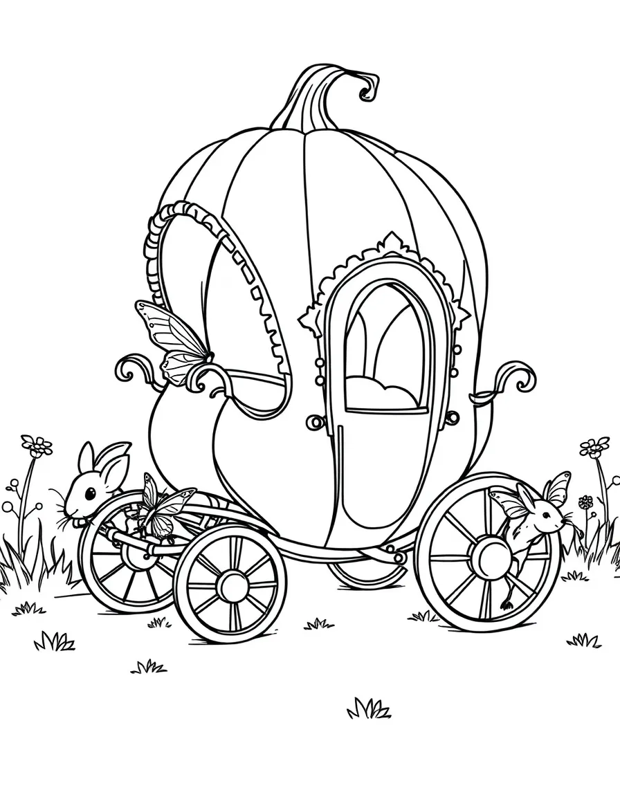 A carriage made from a giant pumpkin pulled by mice with butterfly wings