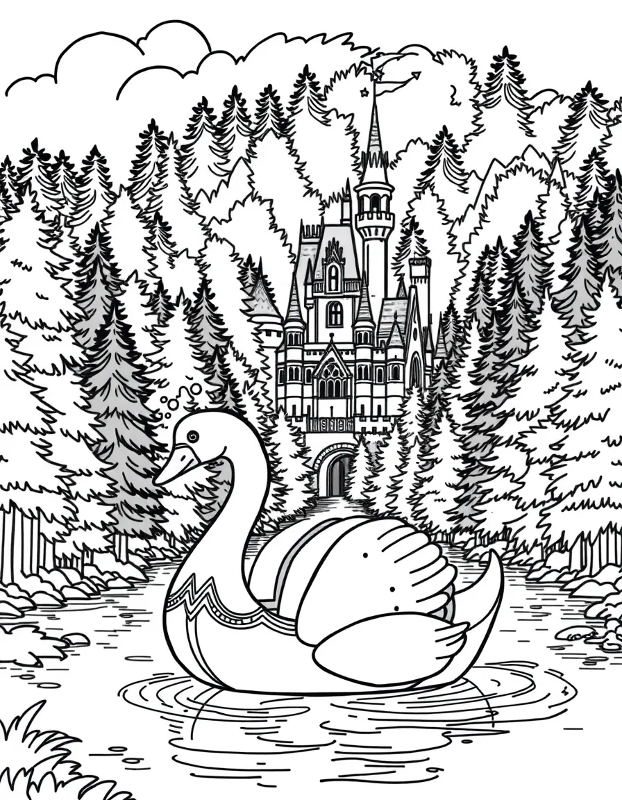 A royal barge shaped like a swan floating on a forest river approaching the castle