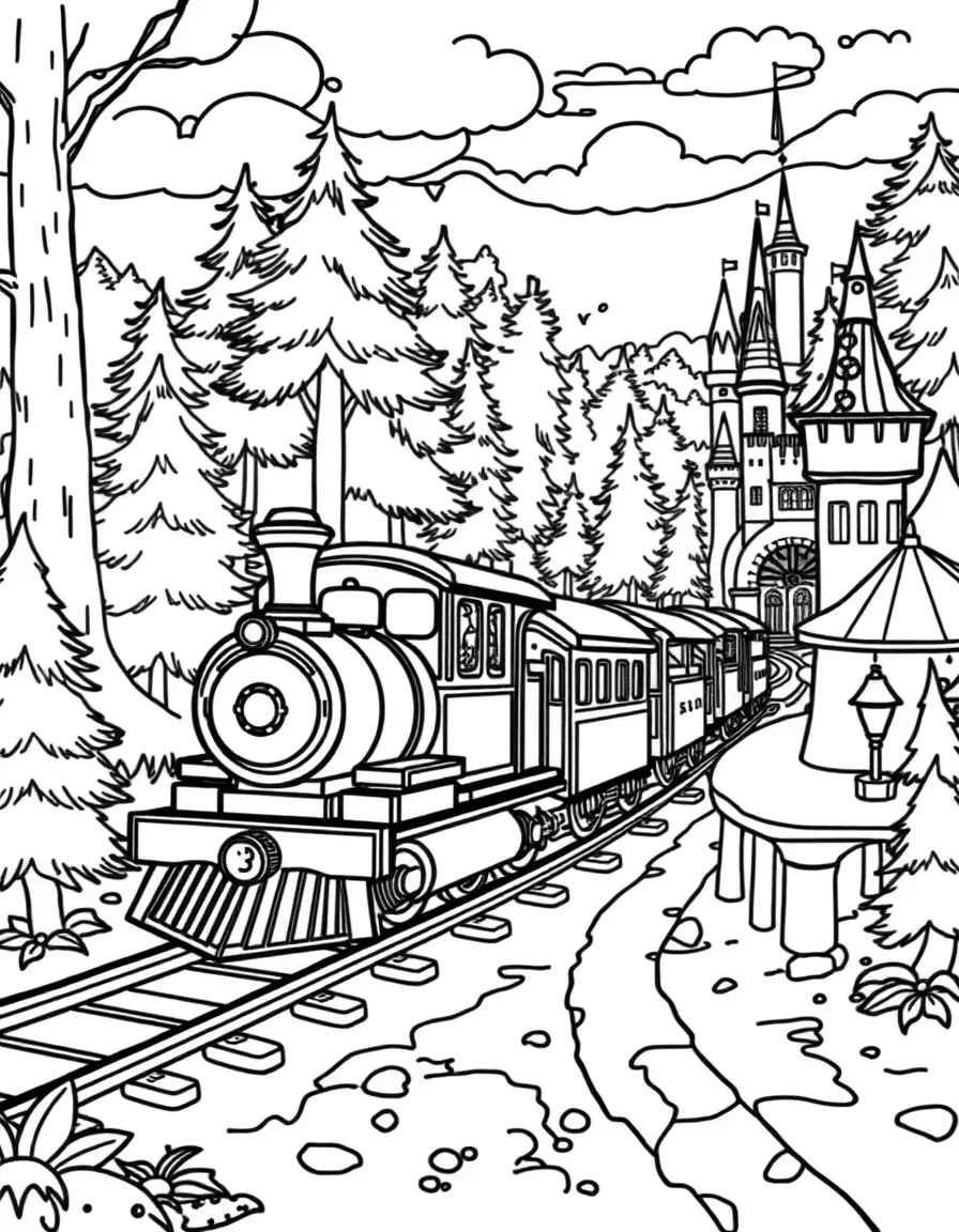 A train of friendly dragons carrying passengers between forest stations and castle platforms