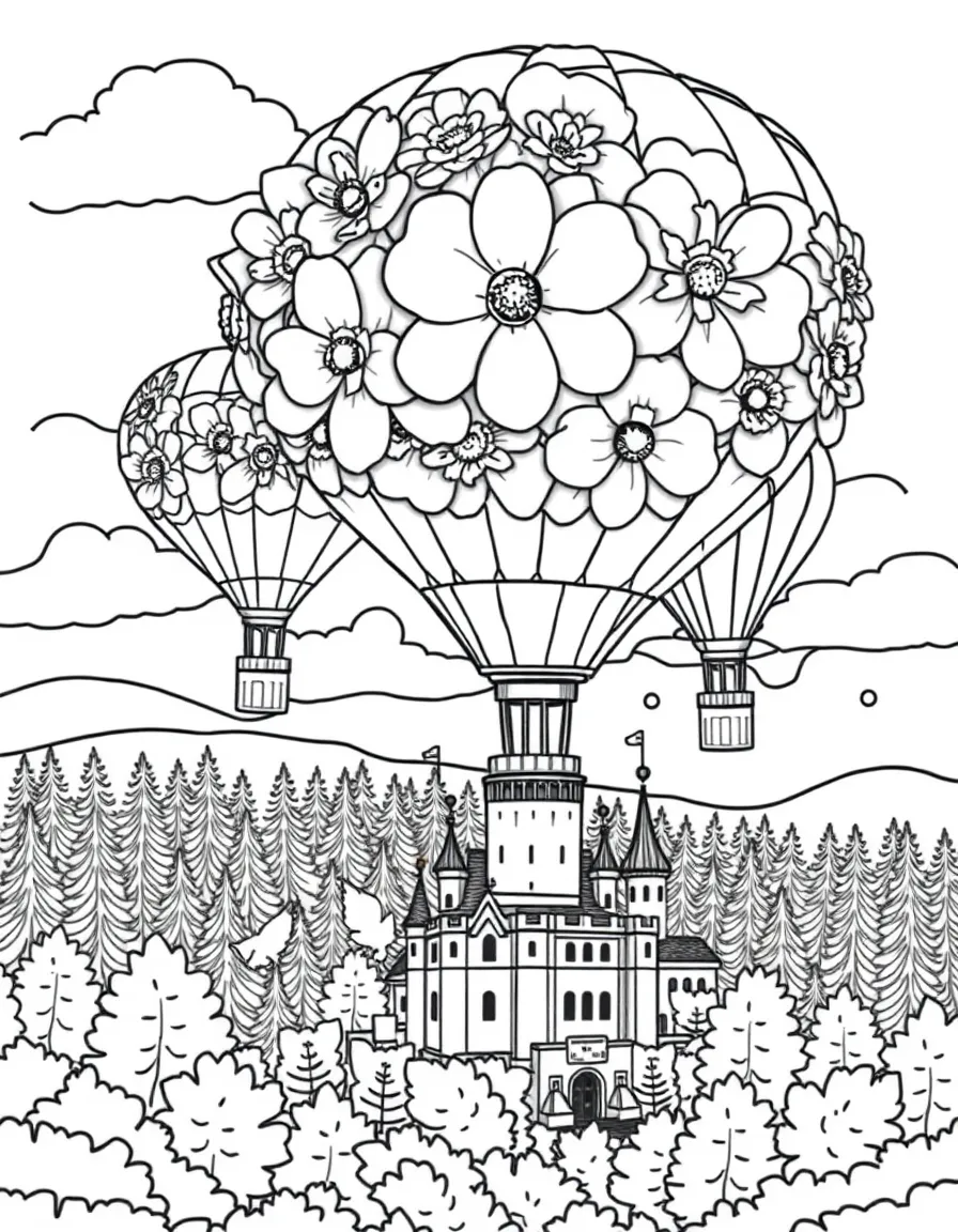 Hot air balloons made from giant flowers floating above the castle and forest