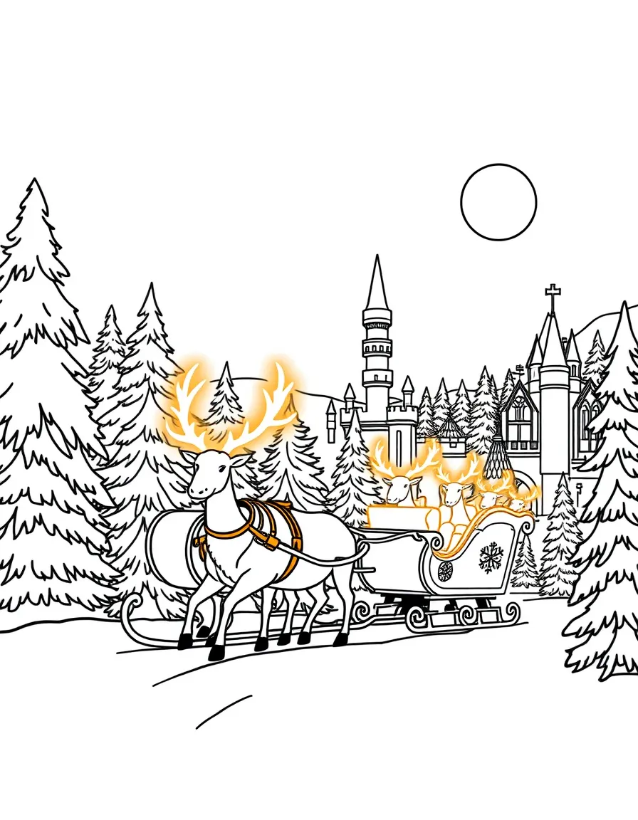 A sleigh pulled by reindeer with glowing antlers traveling from the forest to the castle