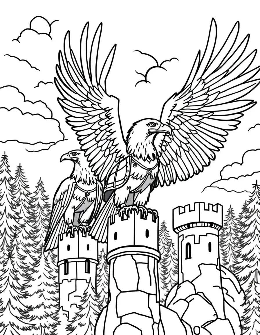 Giant eagles with saddles perched on castle towers ready to fly through the forest